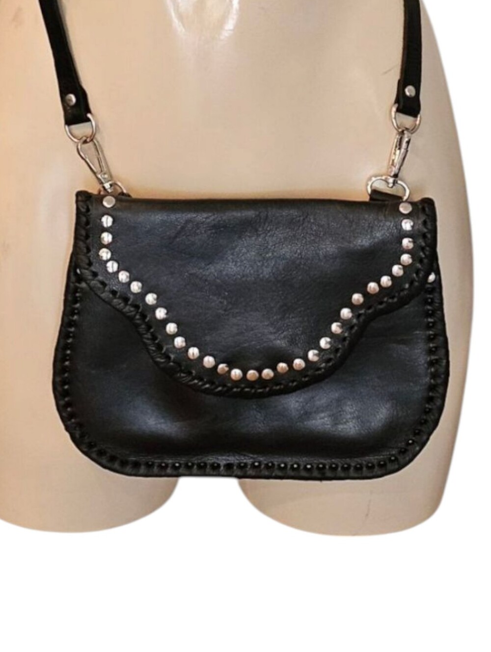 FOUR WINDS WEST Artisan Handmade Black Leather Silver Studded Slim Crossbody